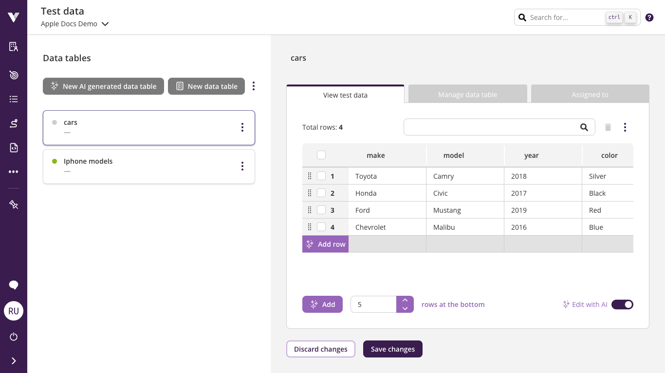 AI data table rows editing