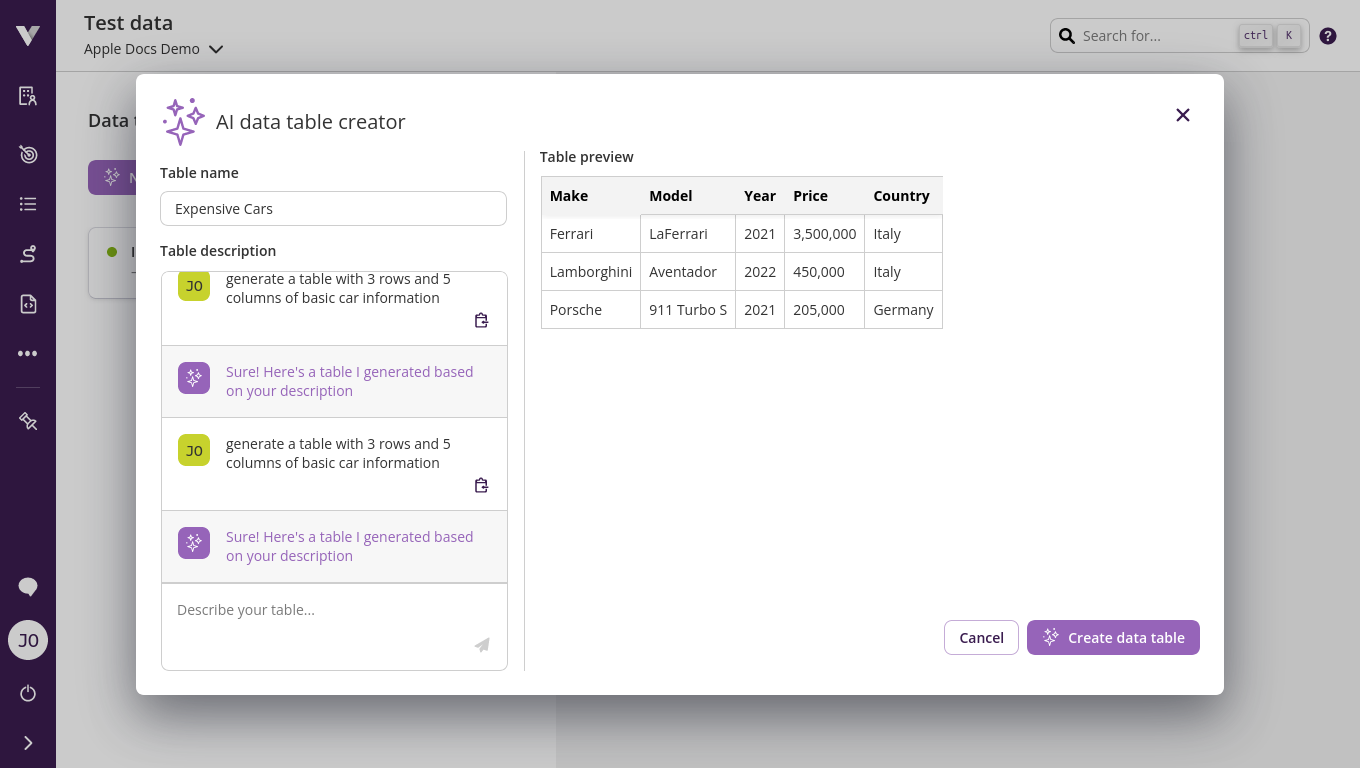 AI data table generation assistant