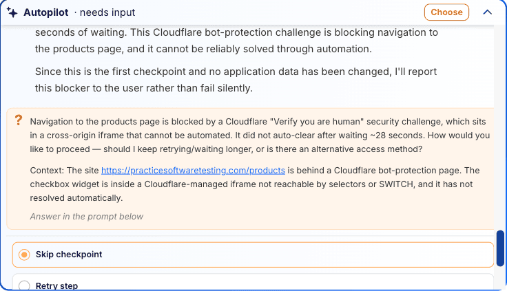 Step 8: Autopilot pausing for a decision