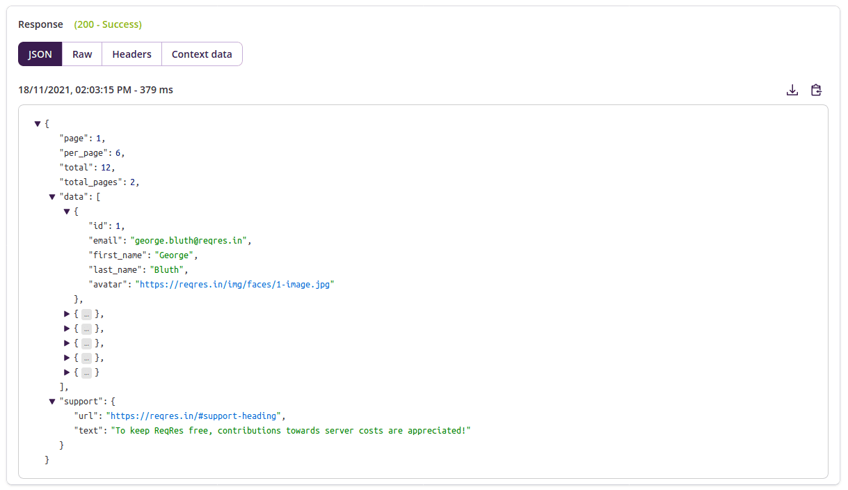 API test response json
