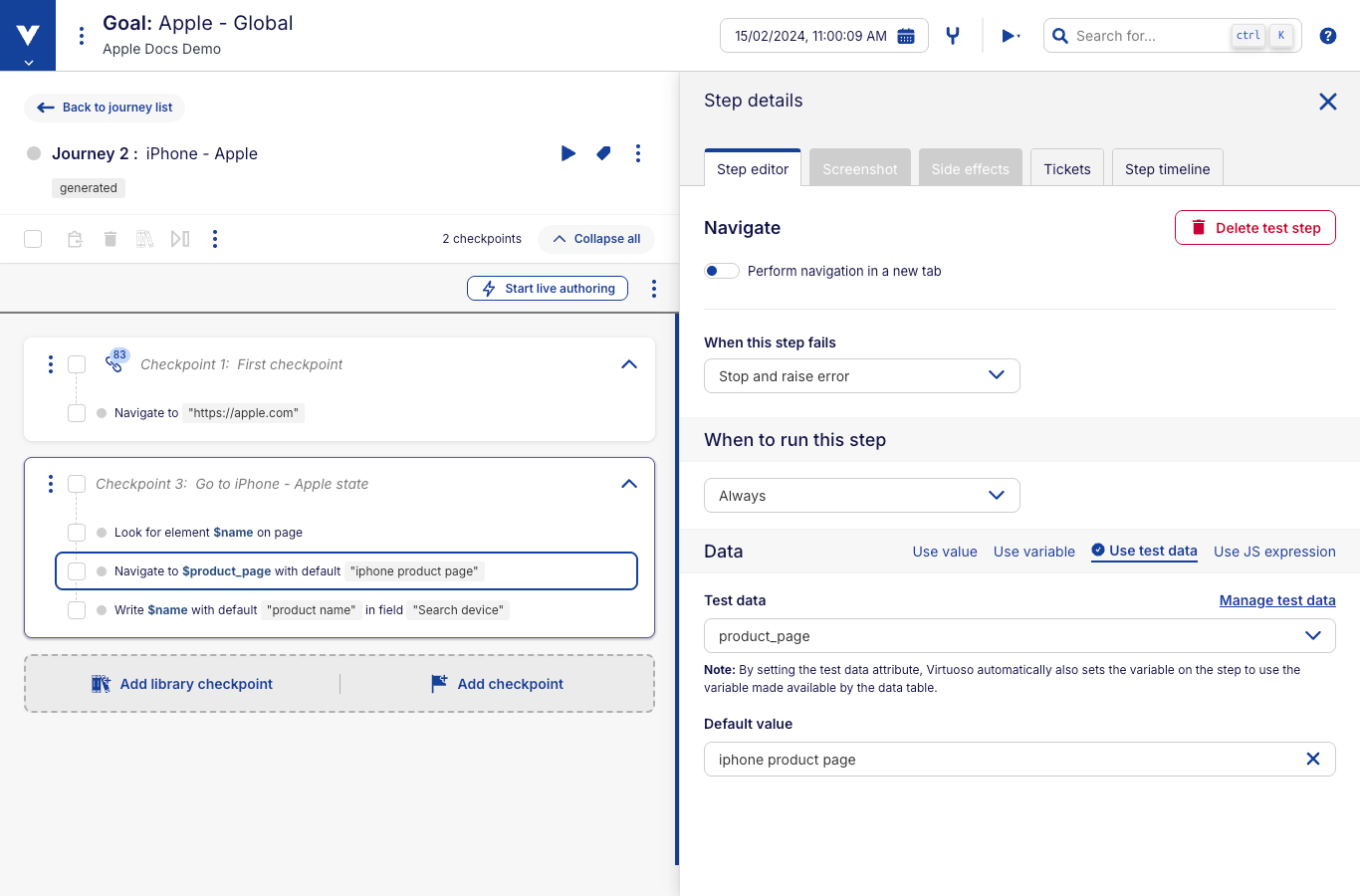 Manually assign test data attribute to test step