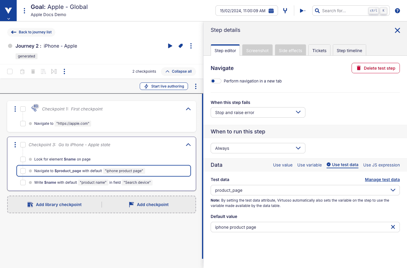 Manually assign test data attribute to test step