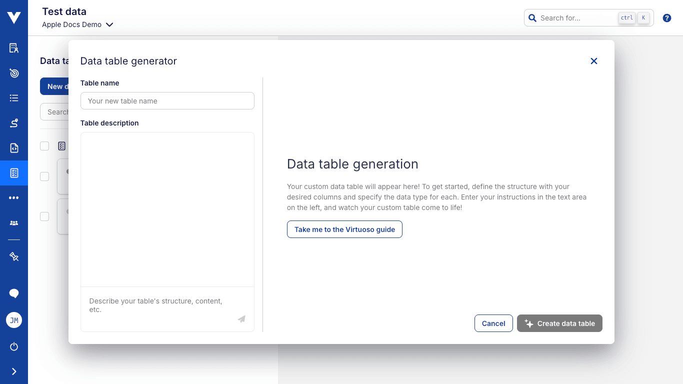Generate test data table with AI