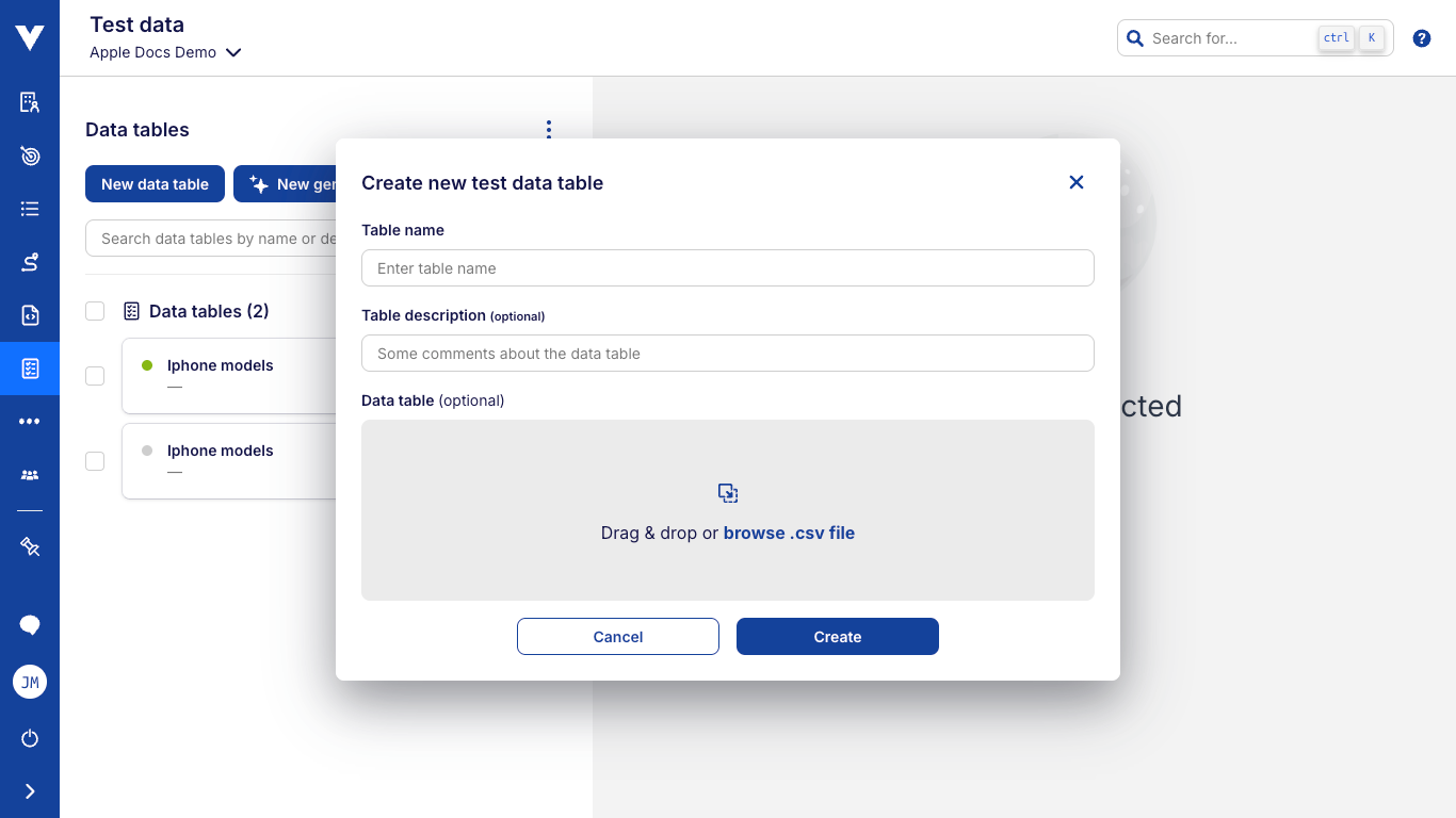 Create test data table