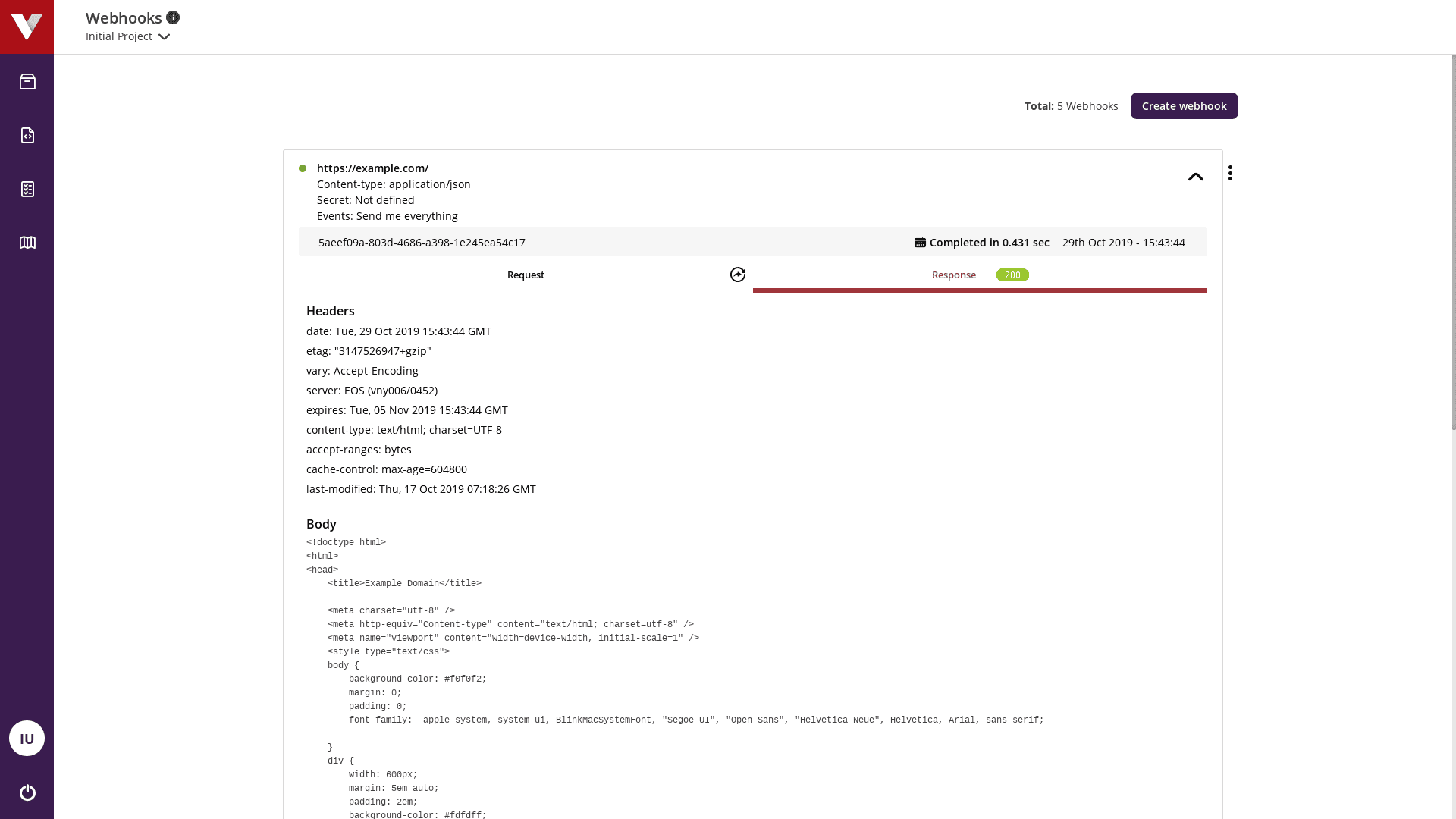 Webhook delivery response
