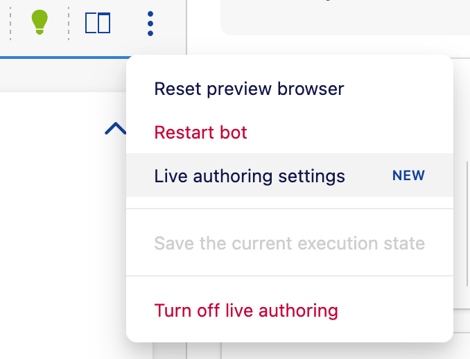 Live authoring settings drop down menu