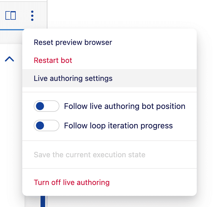 Live authoring settings drop down menu