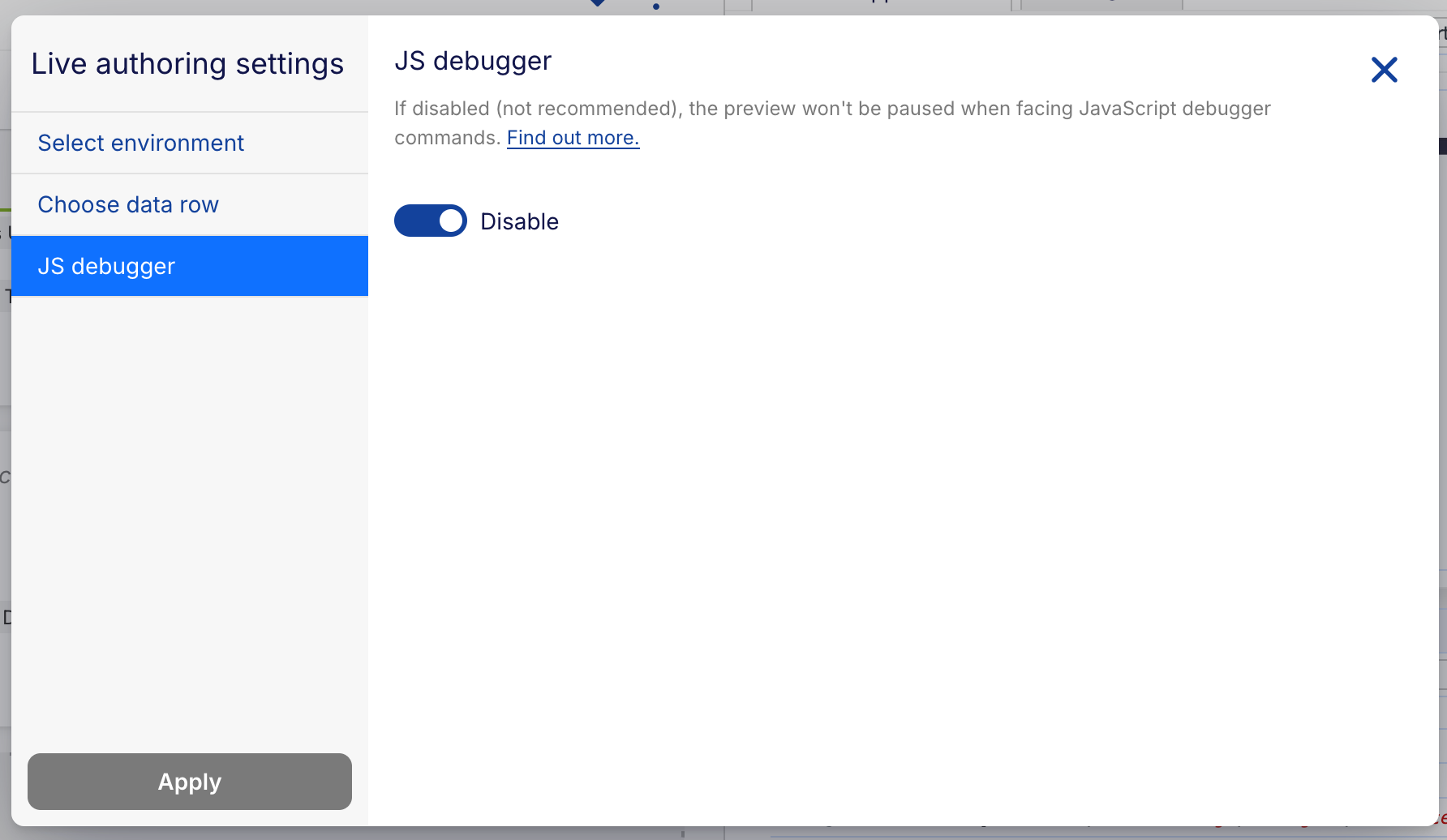 JavaScript debugger toggle in Live Authoring Settings