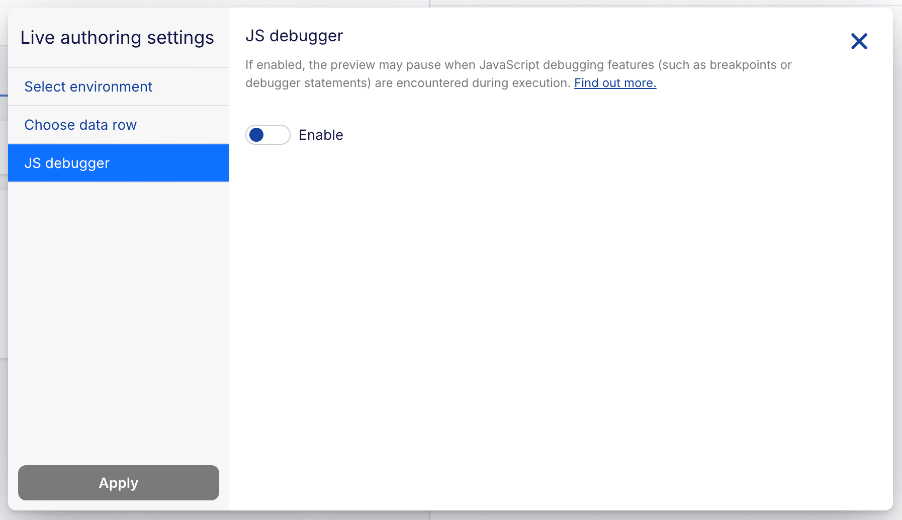 JavaScript debugger toggle in Live Authoring Settings