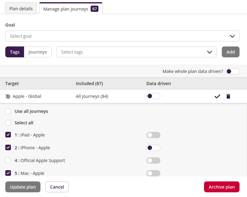 Edit journey-based plan targets