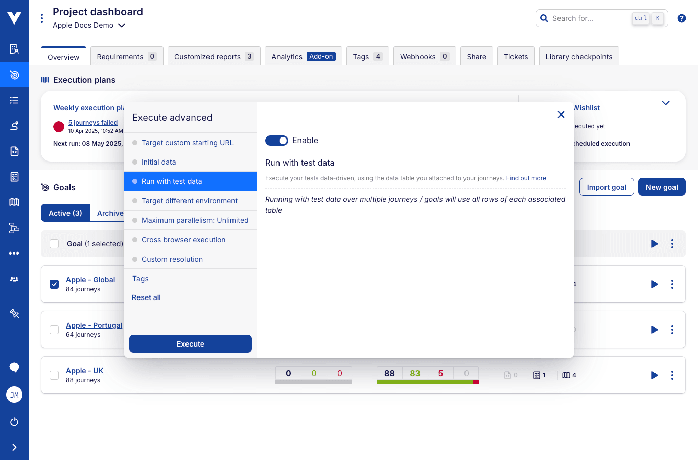 Execute Advanced with Test Data - Multiple journeys / goals