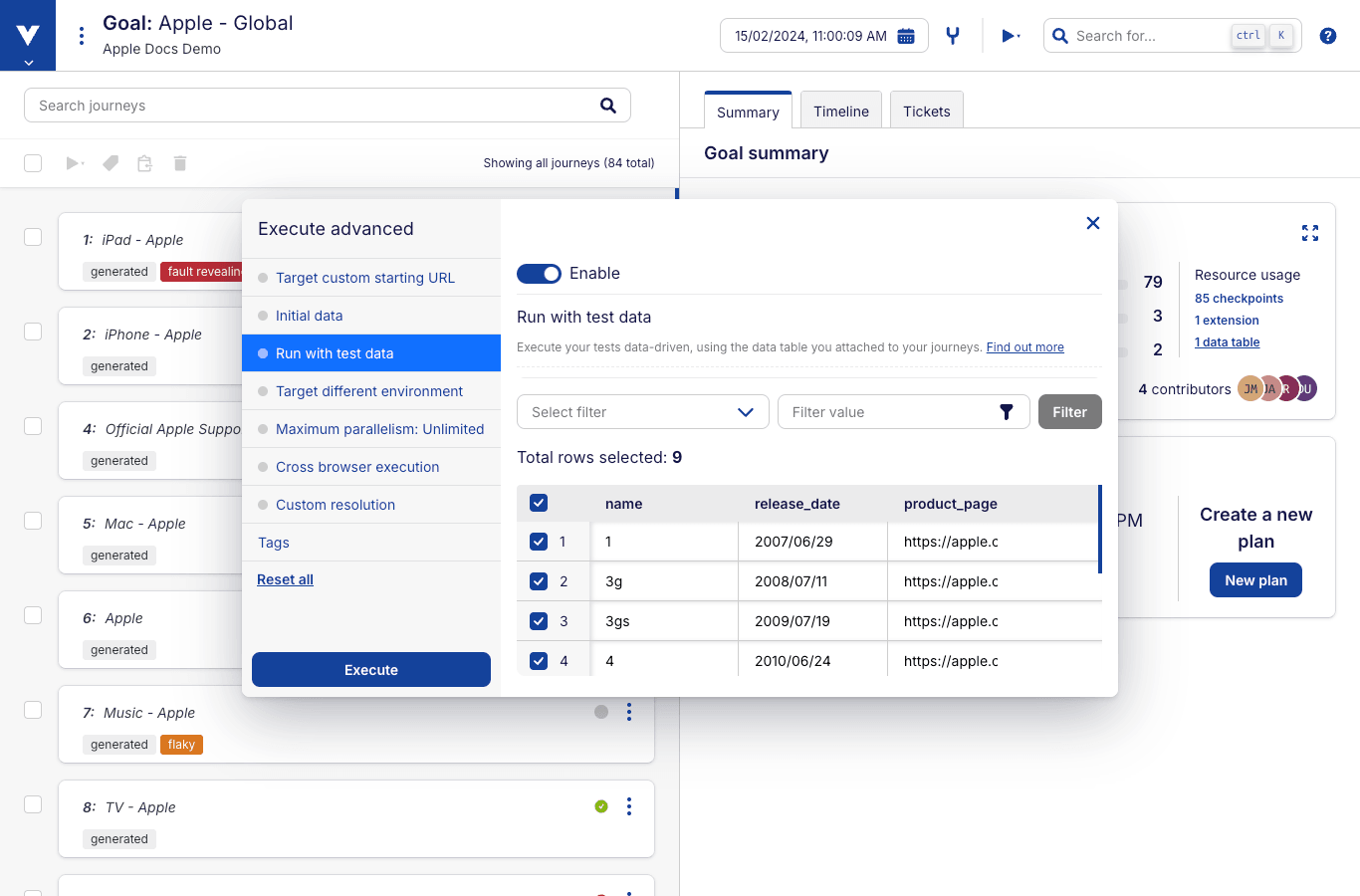 Execute Advanced with Test Data - Single journey