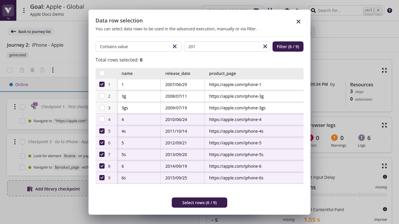 Row selection using filters