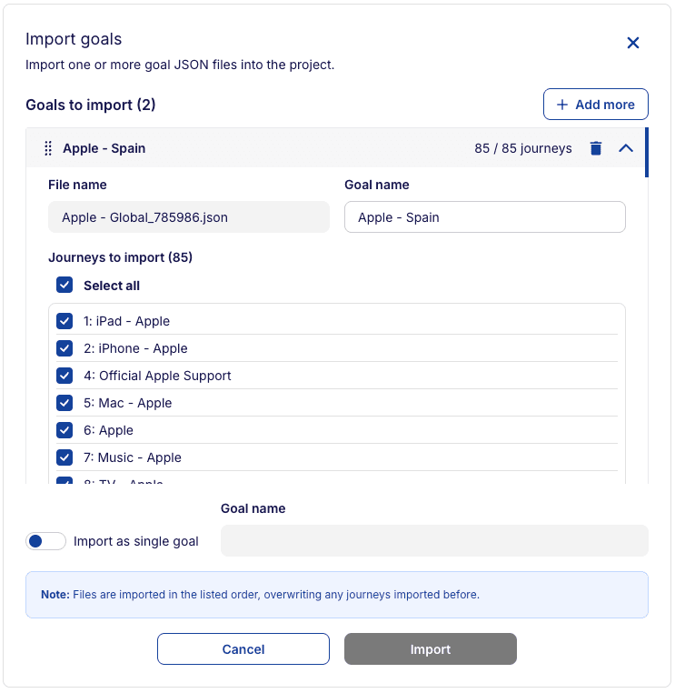 Import goal - file options