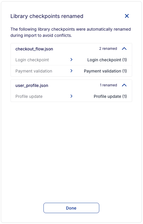 Import goals - library checkpoint conflict summary