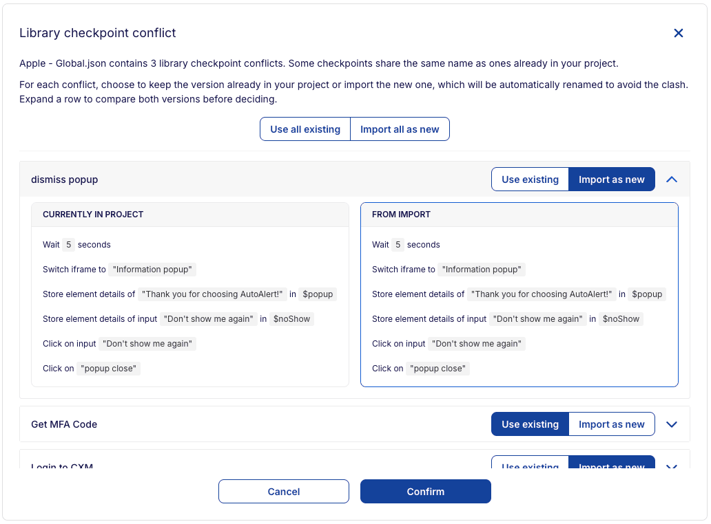 Import goals - library checkpoint conflict resolution