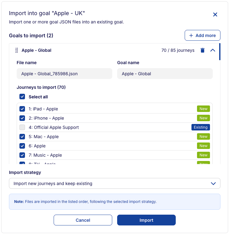 Import into existing goal - options