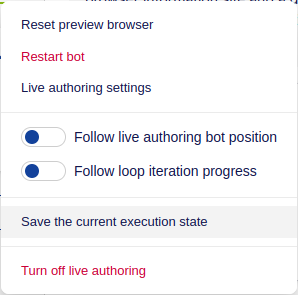 Save the current execution state menu item