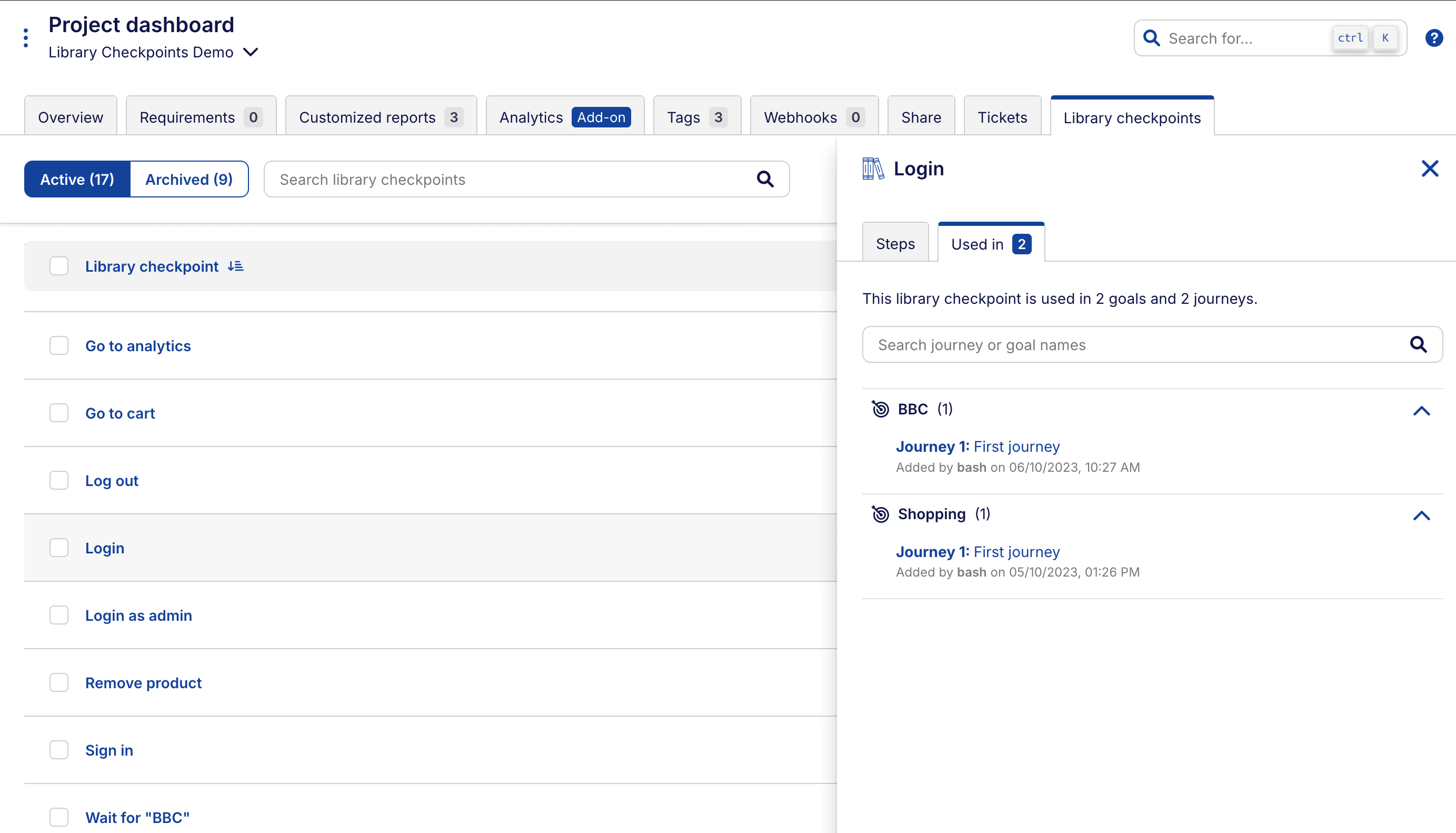 Goals and journeys using library checkpoints