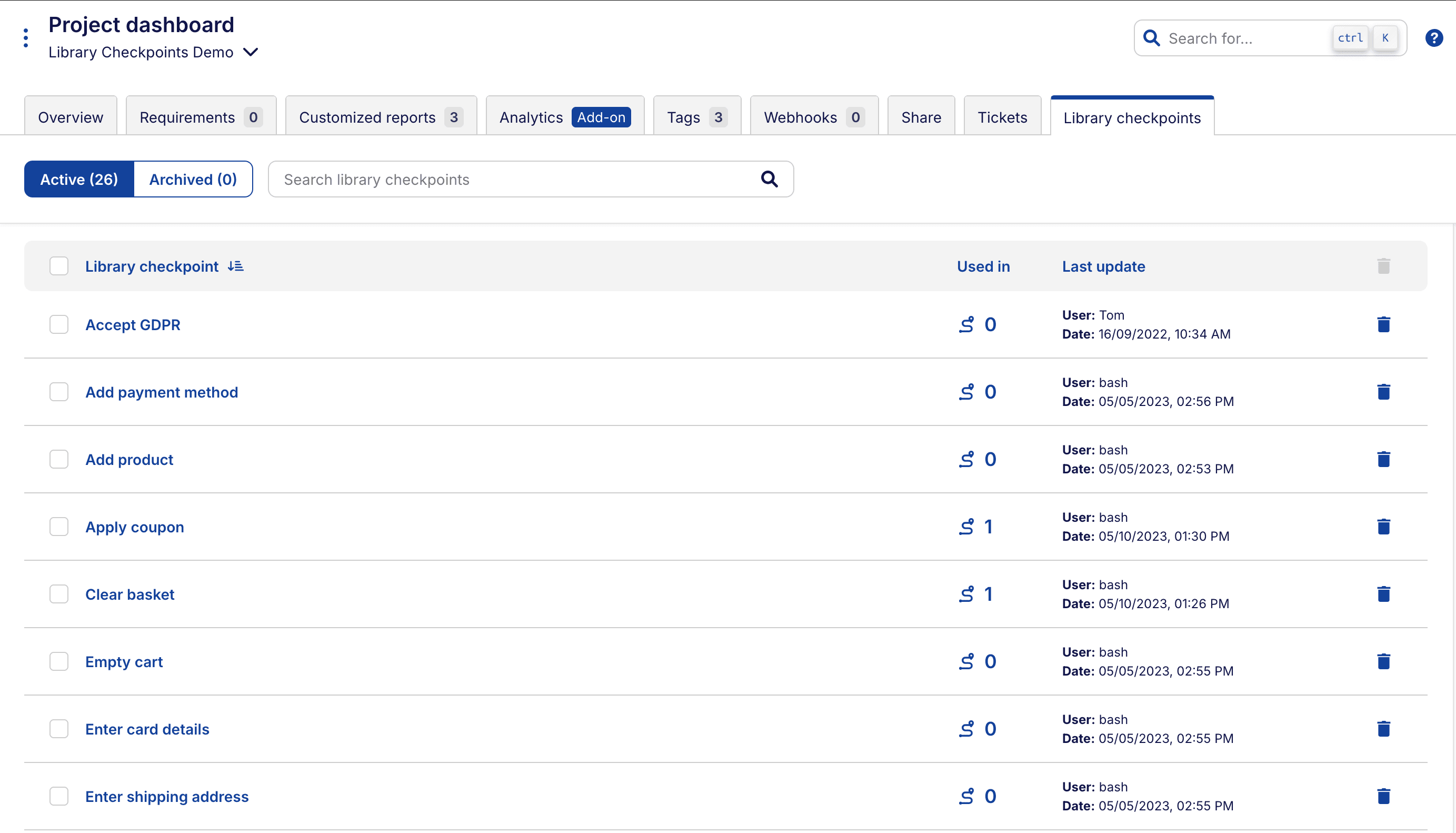 Library checkpoint view in the project dashboard