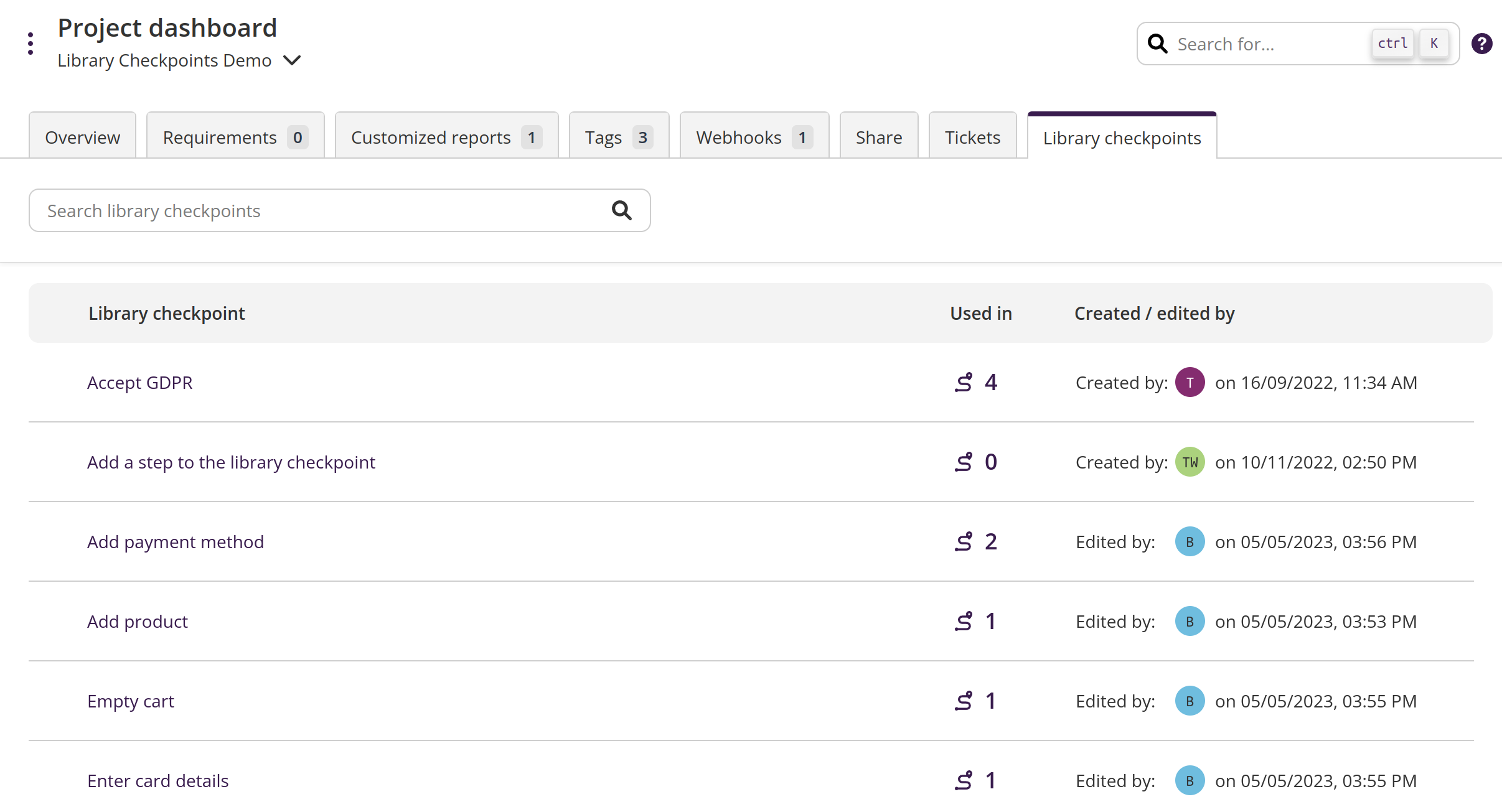 Library checkpoint view in the project dashboard