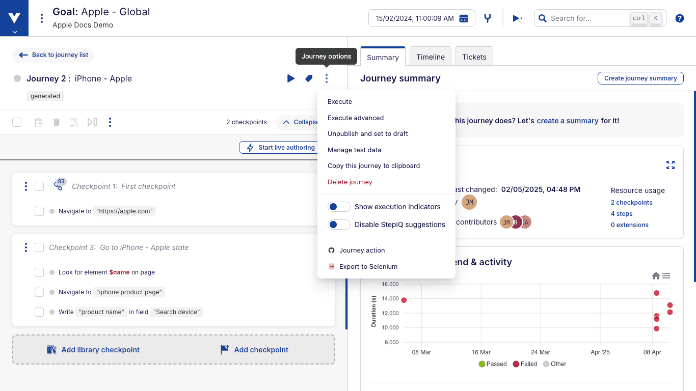 Manage journey test data option