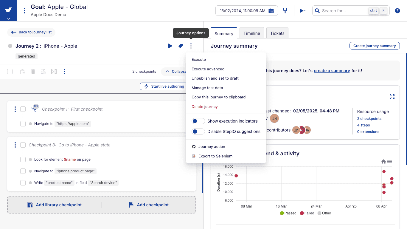 Manage journey test data option