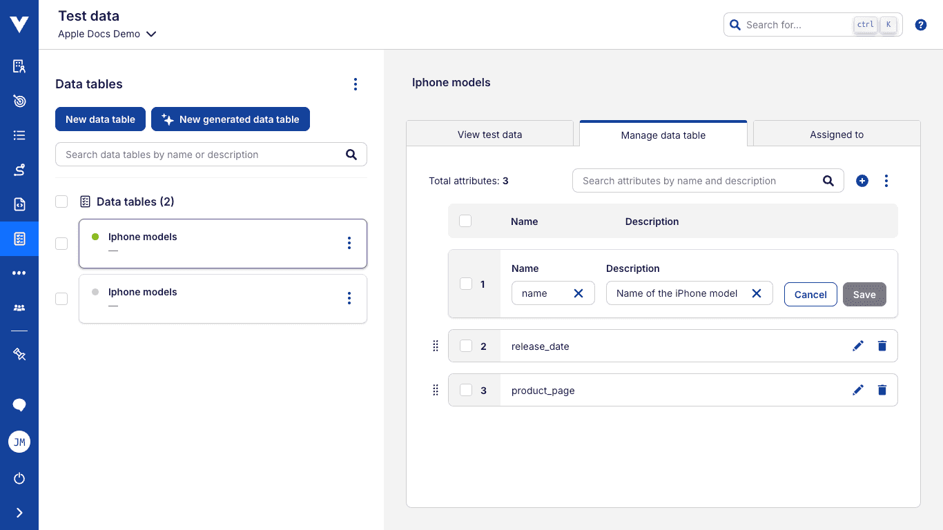 Manage test data table