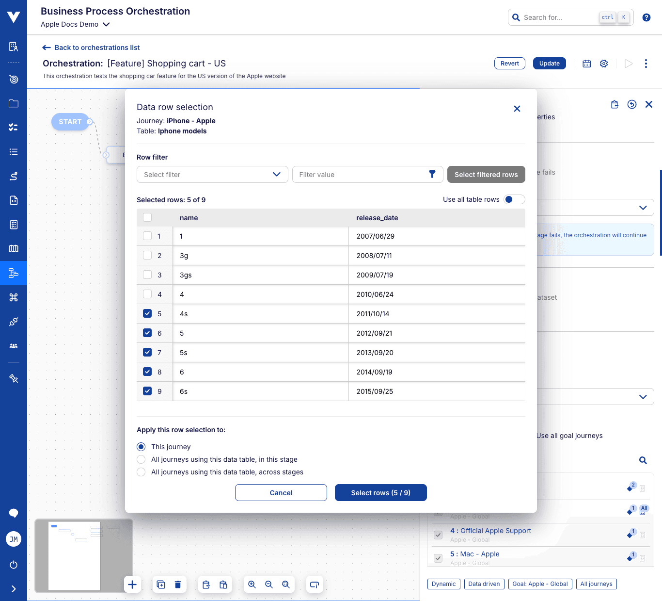 Orchestration stage edit - data row selector