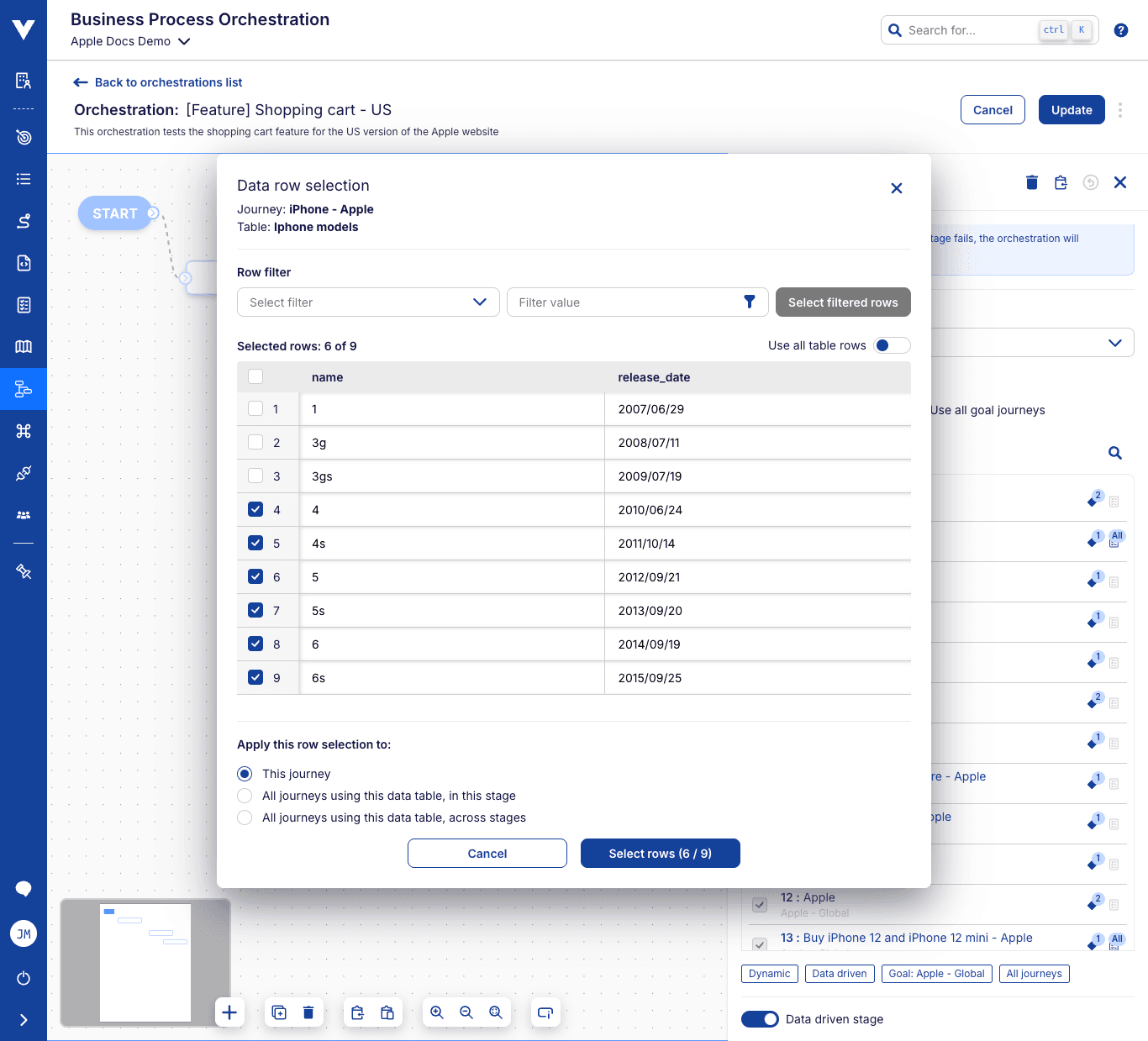 Orchestration stage edit - data row selector