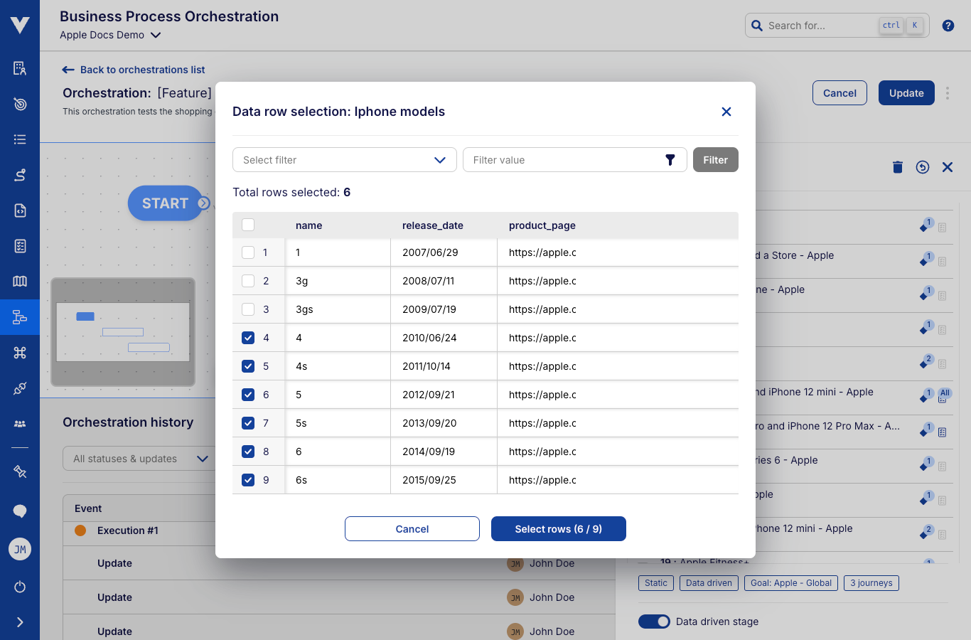 Orchestration stage edit - data row selector