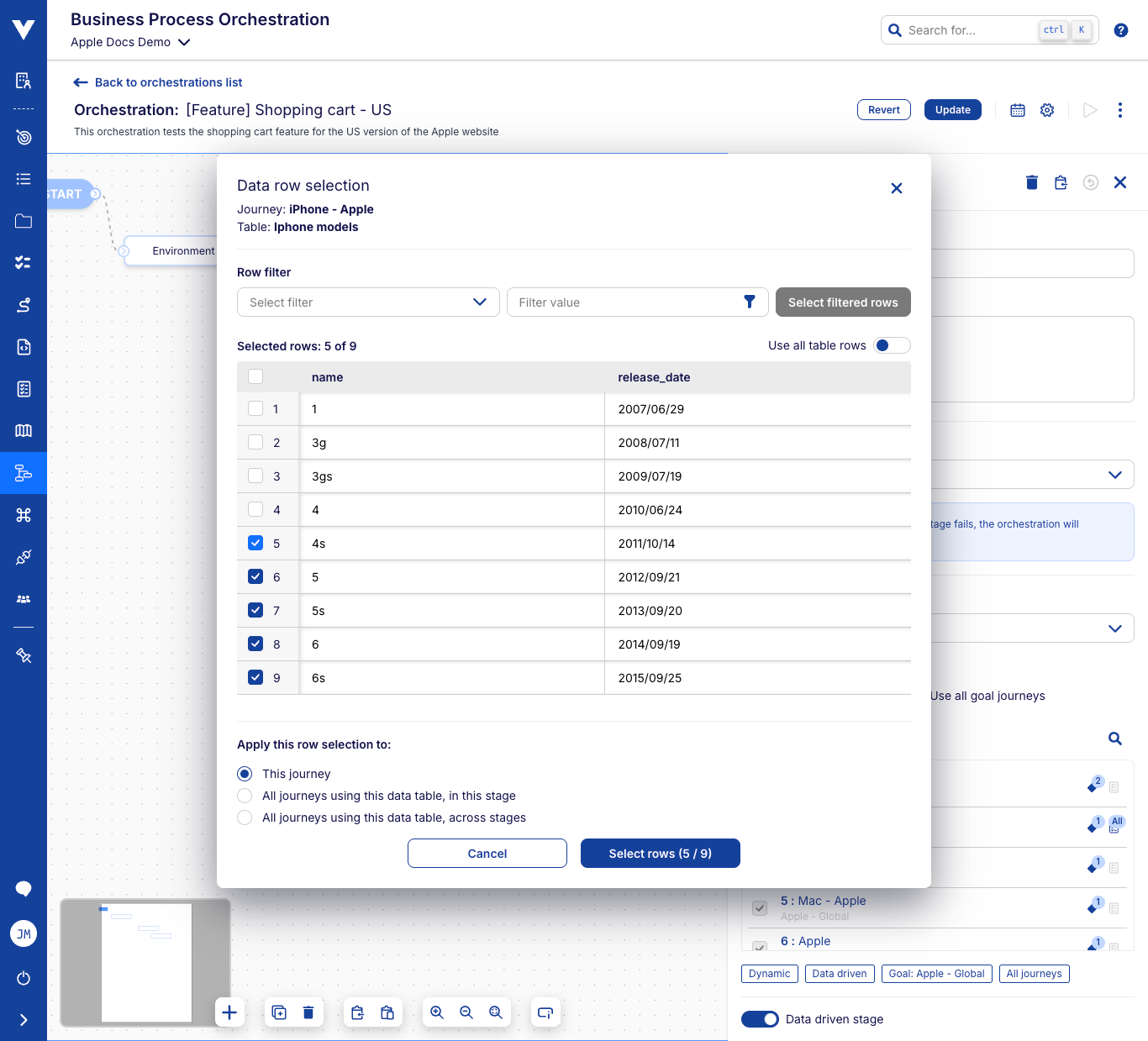 Orchestration stage edit - data row selector