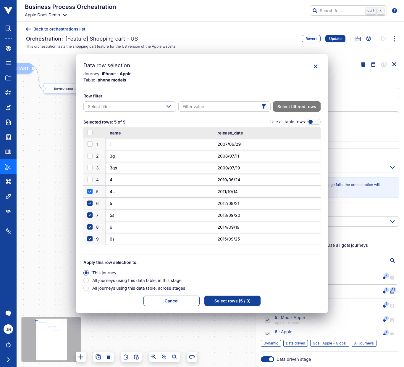 Orchestration stage edit - data row selector
