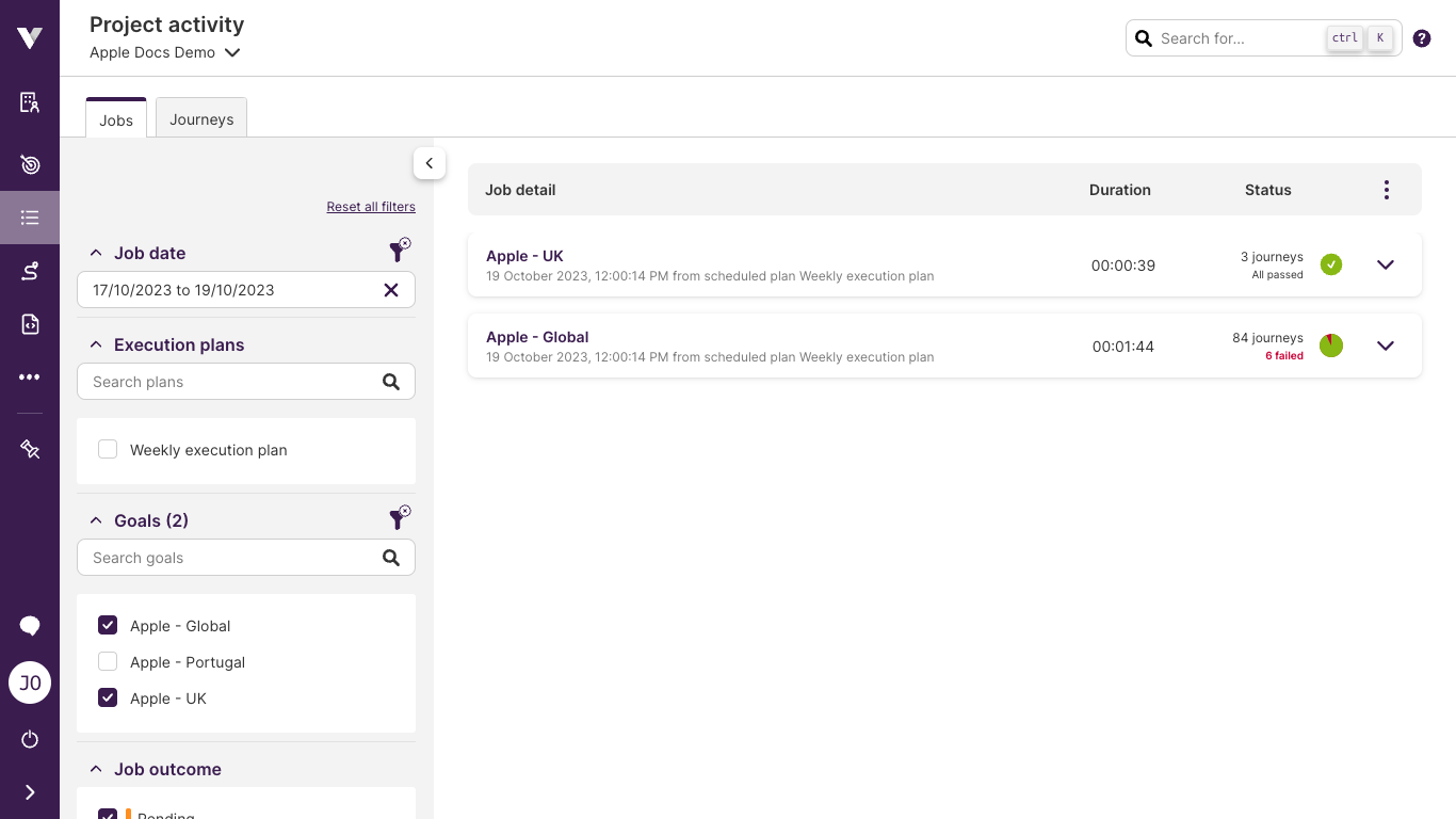 Jobs activity dashboard - Filter example