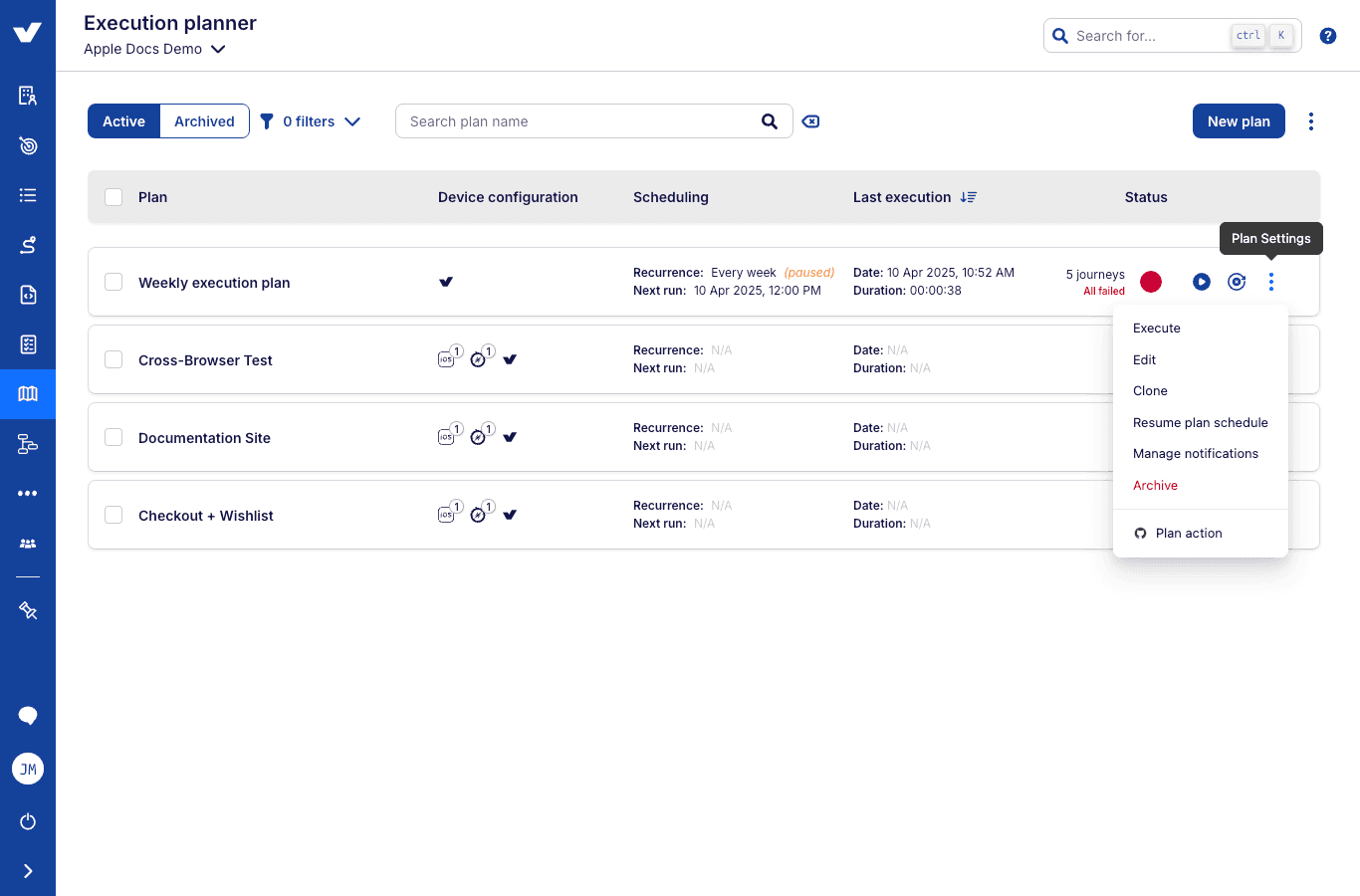 Execution planner with plans