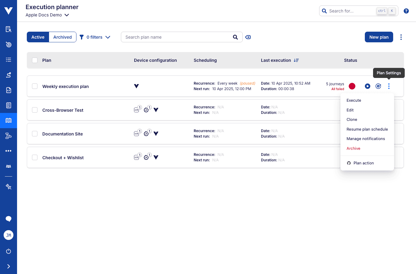 Execution planner with plans