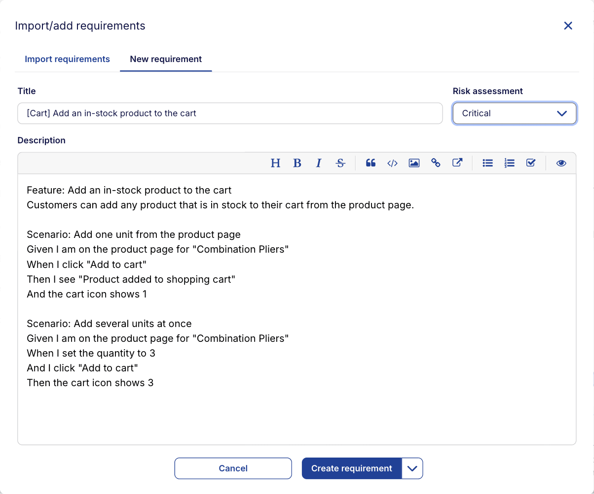 The New requirement tab of the Import/add requirements dialog