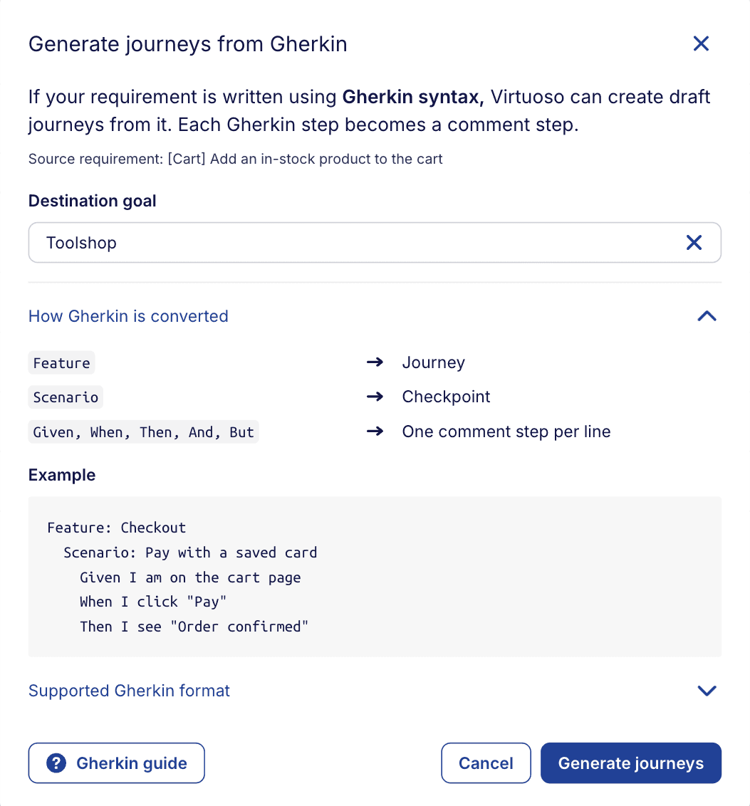 The Generate journeys from Gherkin dialog