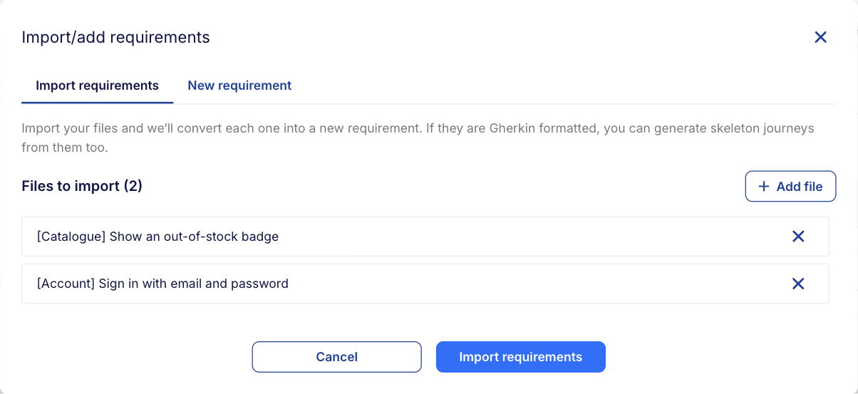 The Import requirements tab with two files ready to import