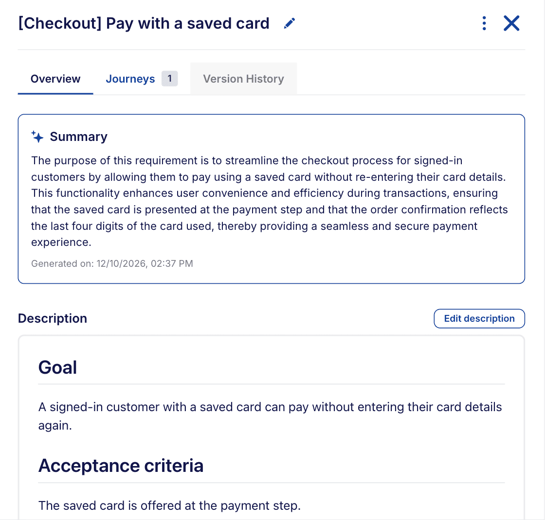 A requirement's Overview tab, with its AI summary and description