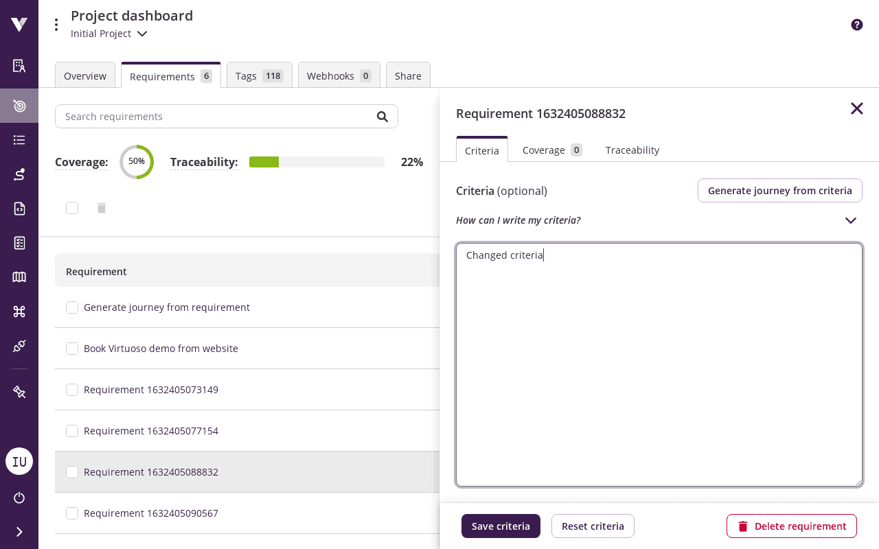 Requirement panel - Updating a requirement