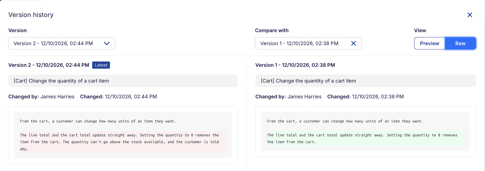 Comparing two versions of a requirement in Raw view