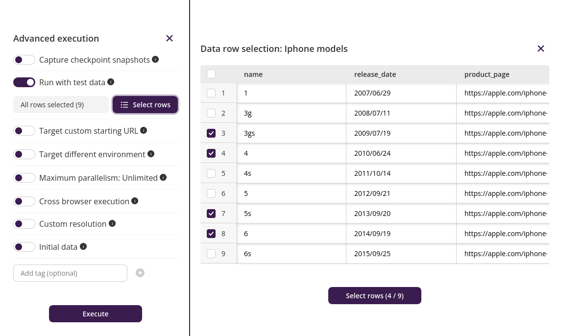 Row selection in Advanced Executions with test data