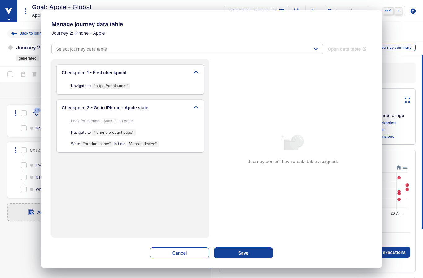 Manage journey test data modal