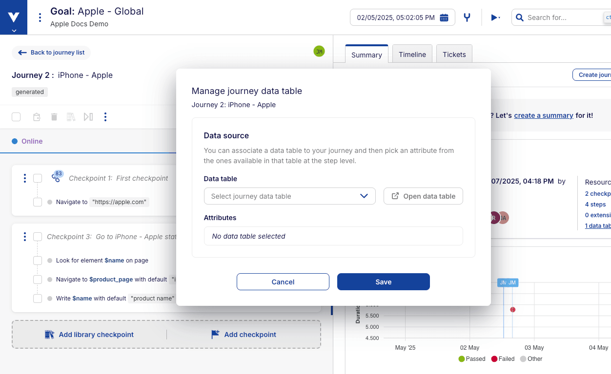 Manage journey test data modal
