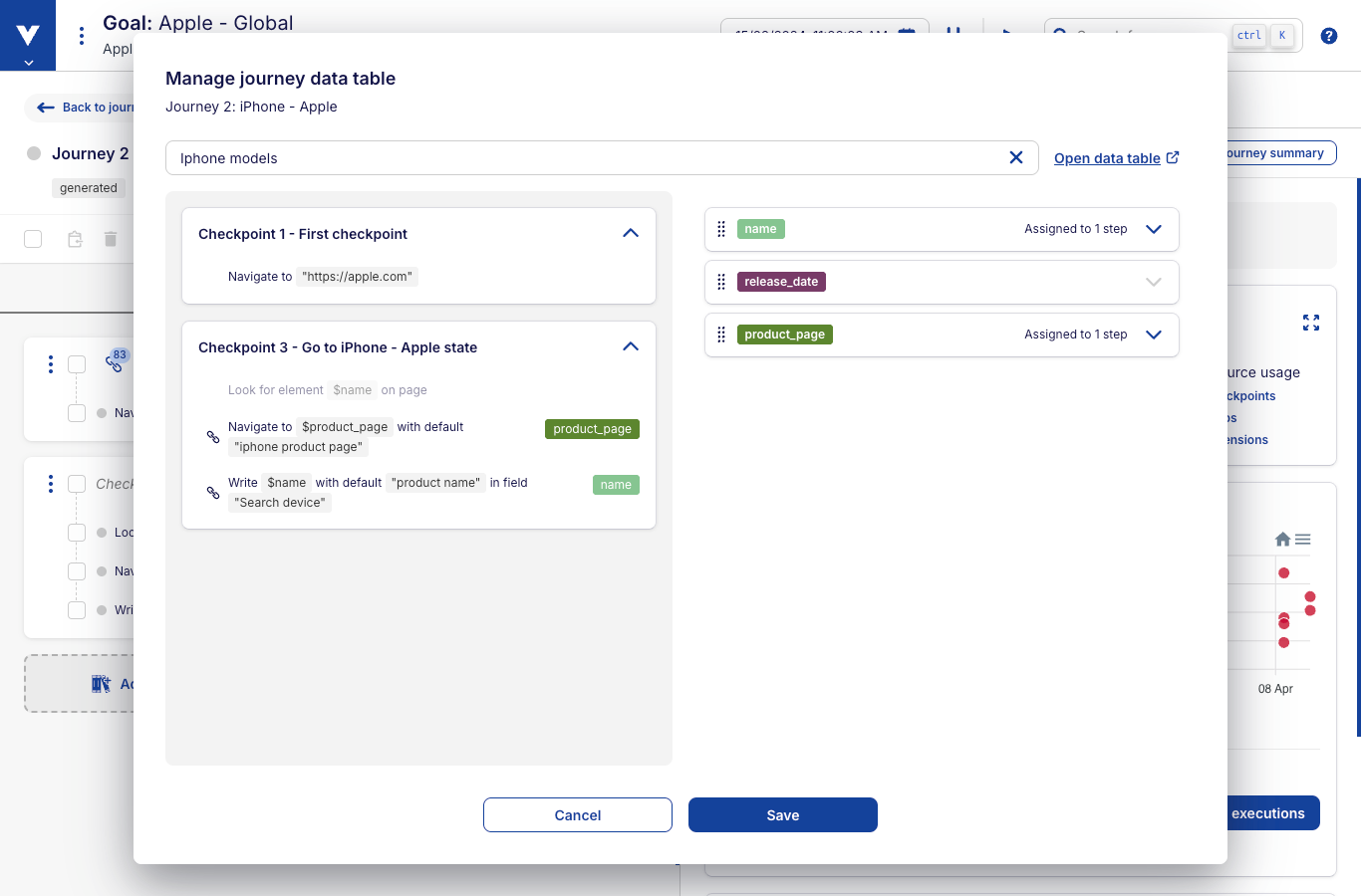 Drag-and-drop assign test data attribute to test step
