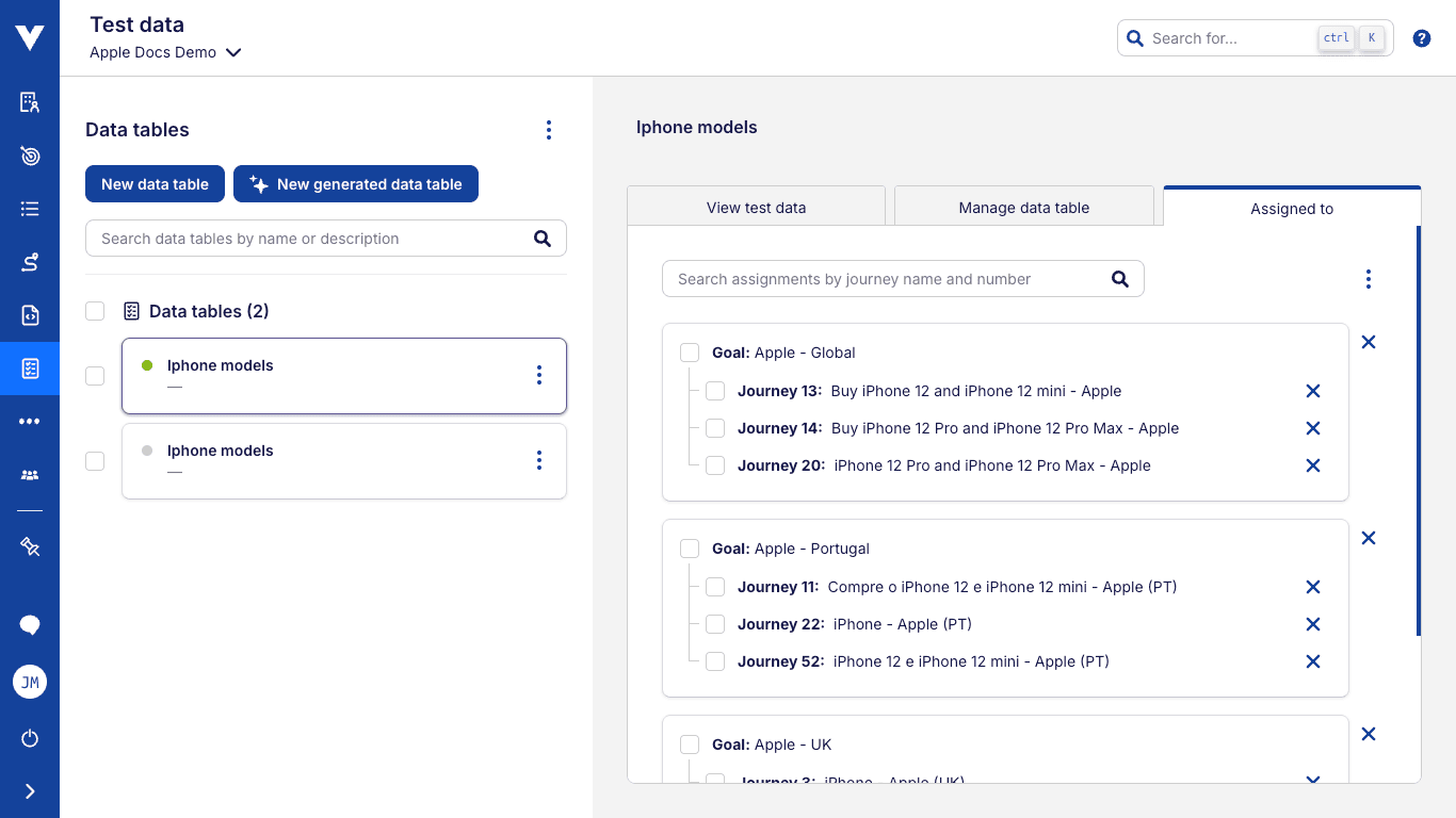 Test data table assignments