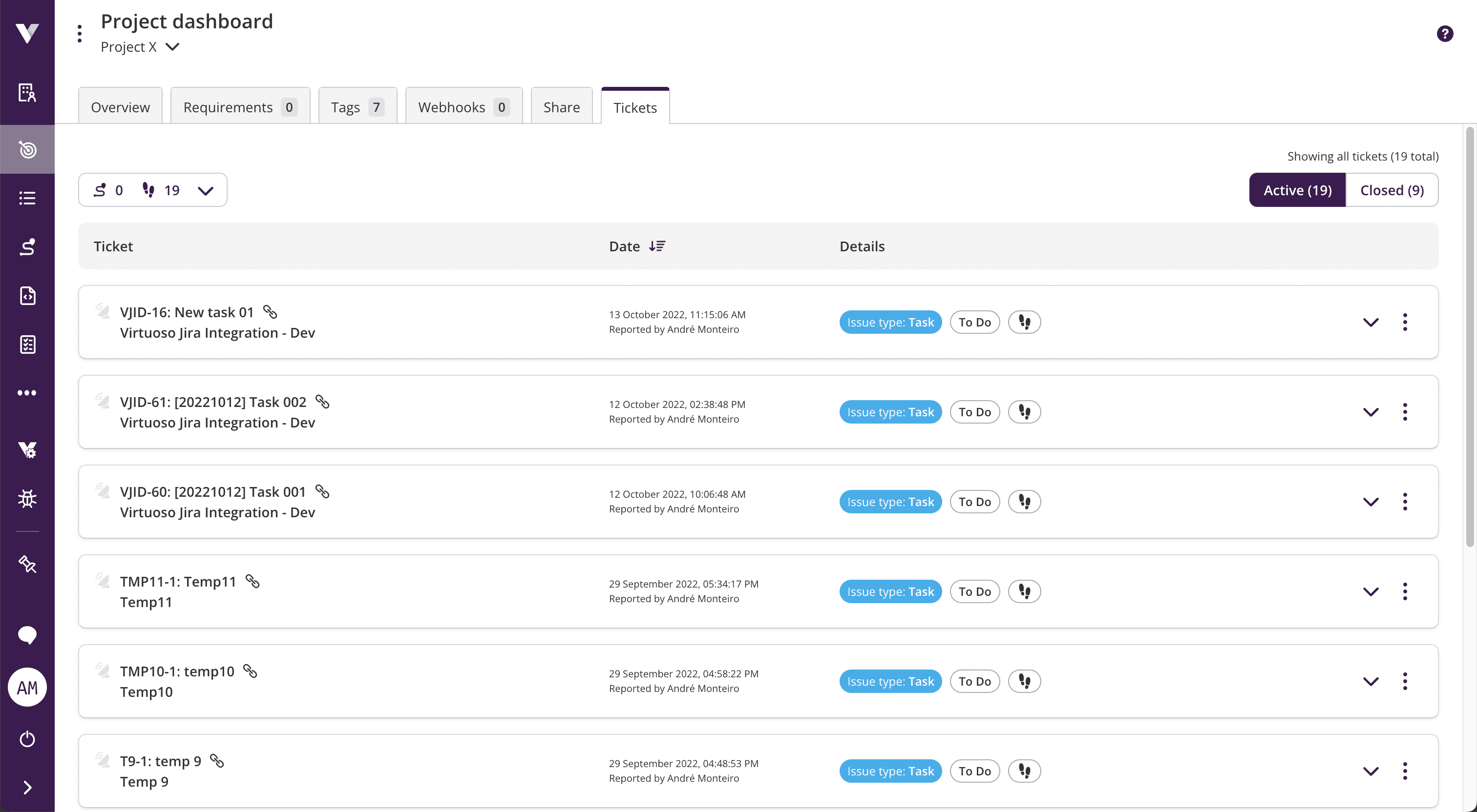 Tickets view in Project dashboard