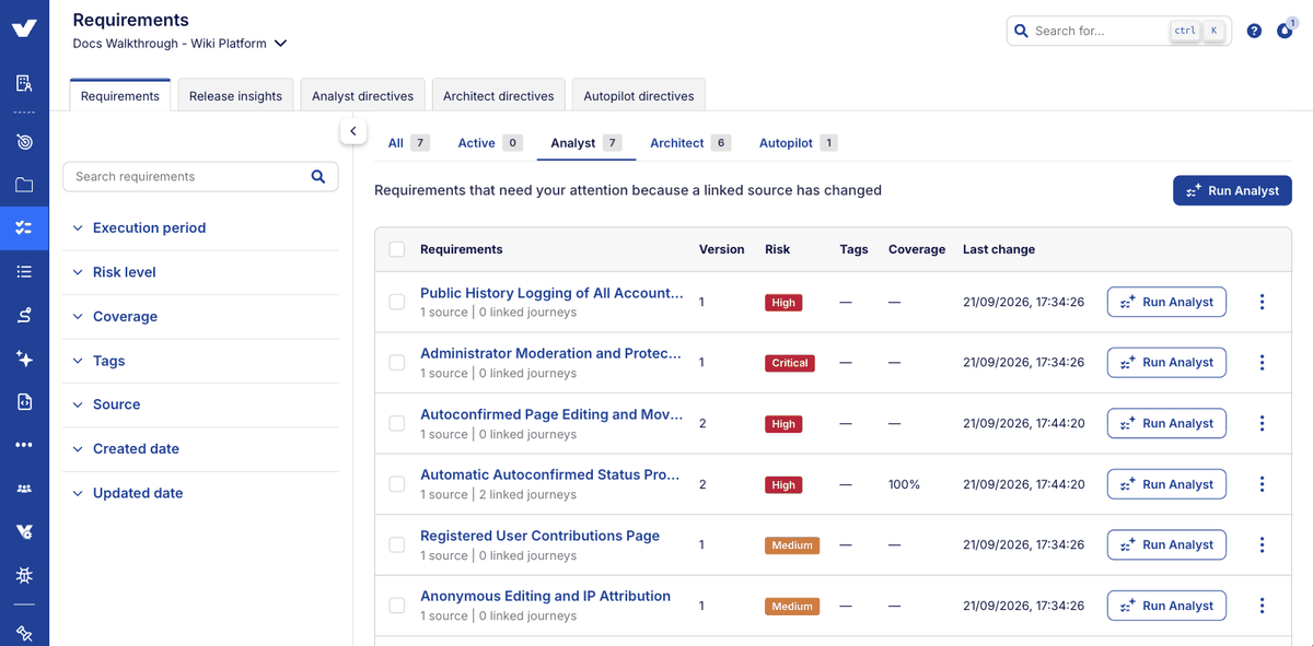 Step 3: flagged requirements under the Analyst tab