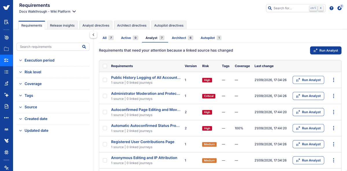 Step 3: flagged requirements under the Analyst tab